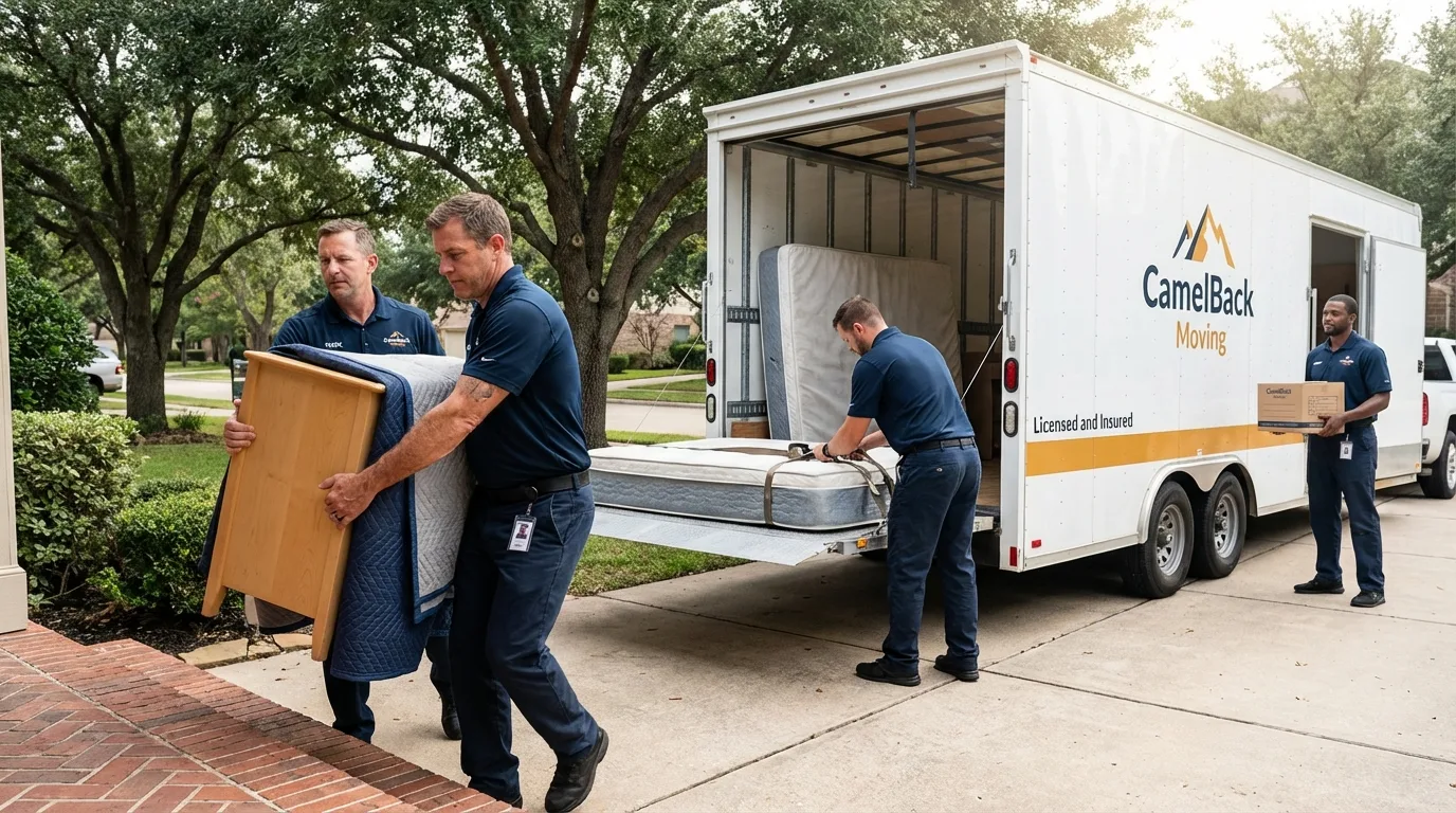 Crew loading residential truck for cross-state move from White Castle, LA