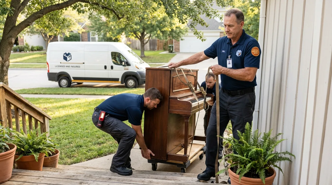 Licensed piano movers securing grand piano in White Castle, LA