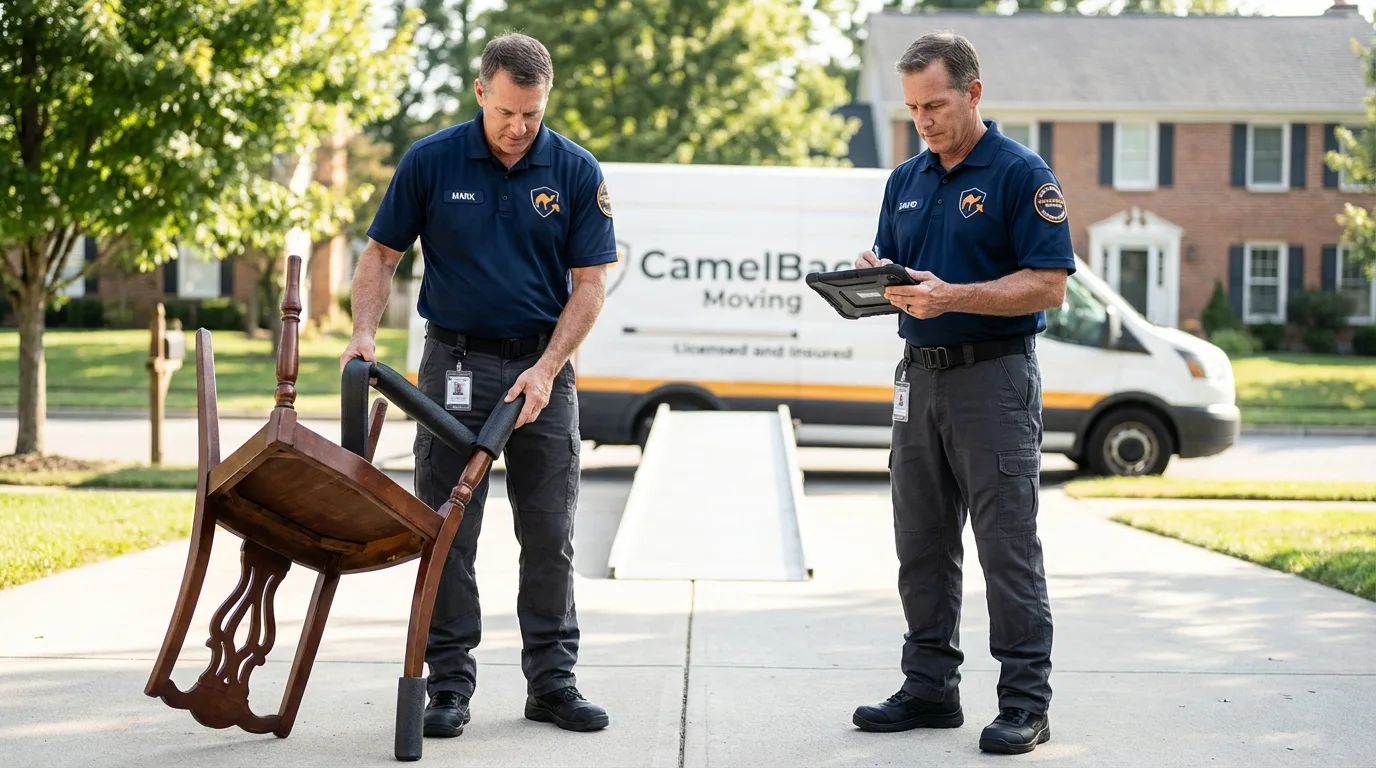 Movers inspecting furniture for damage prevention before loading in White Castle, LA