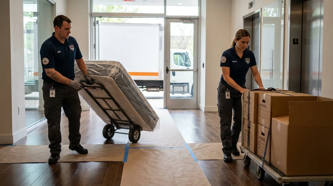 Professional apartment movers loading elevator in White Castle, LA