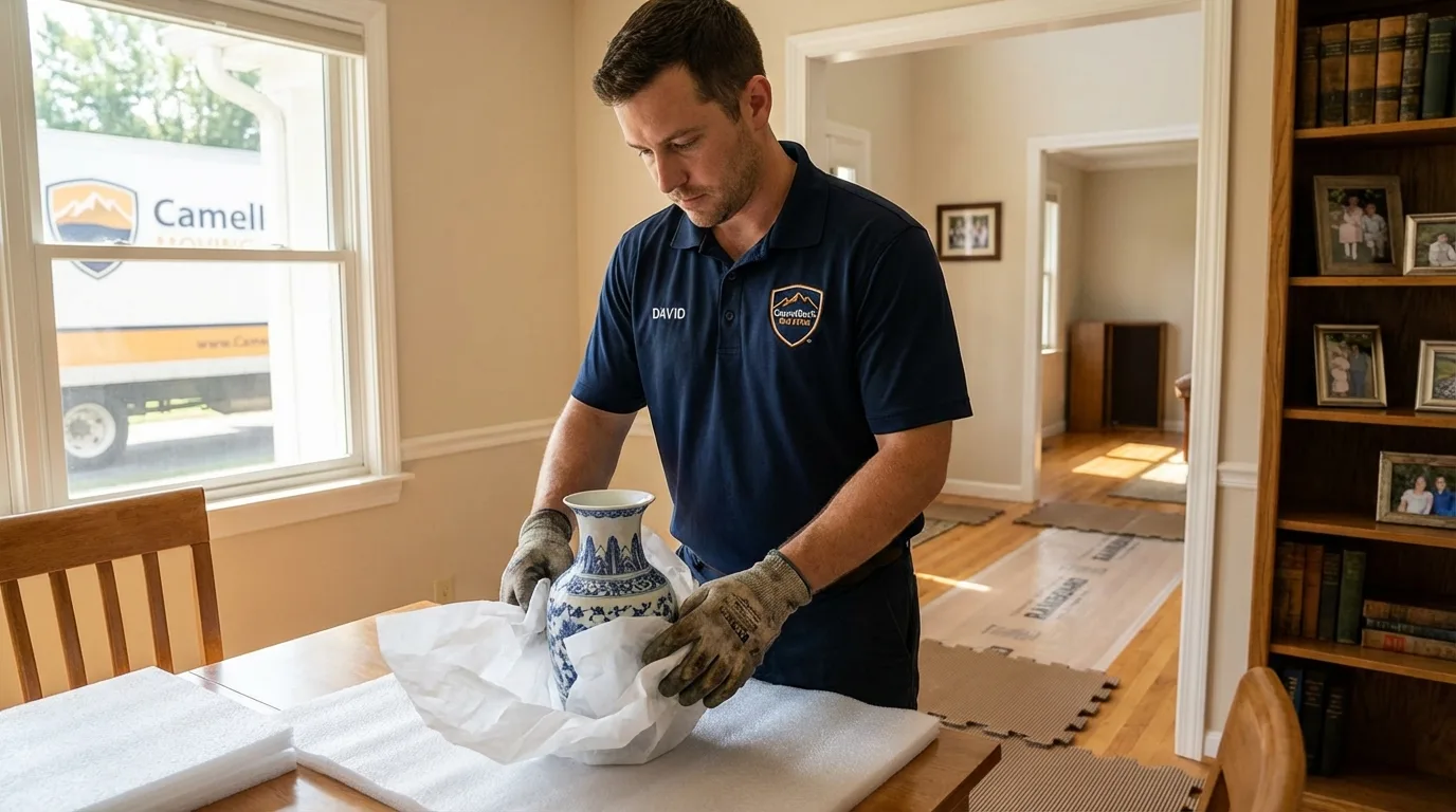 Professional crew carefully wrapping antique vase for senior downsizing move in White Castle, LA