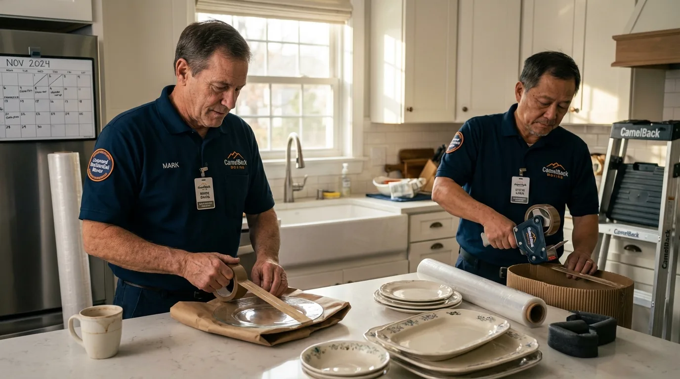 Professional crew packing kitchen dishware in White Castle, LA